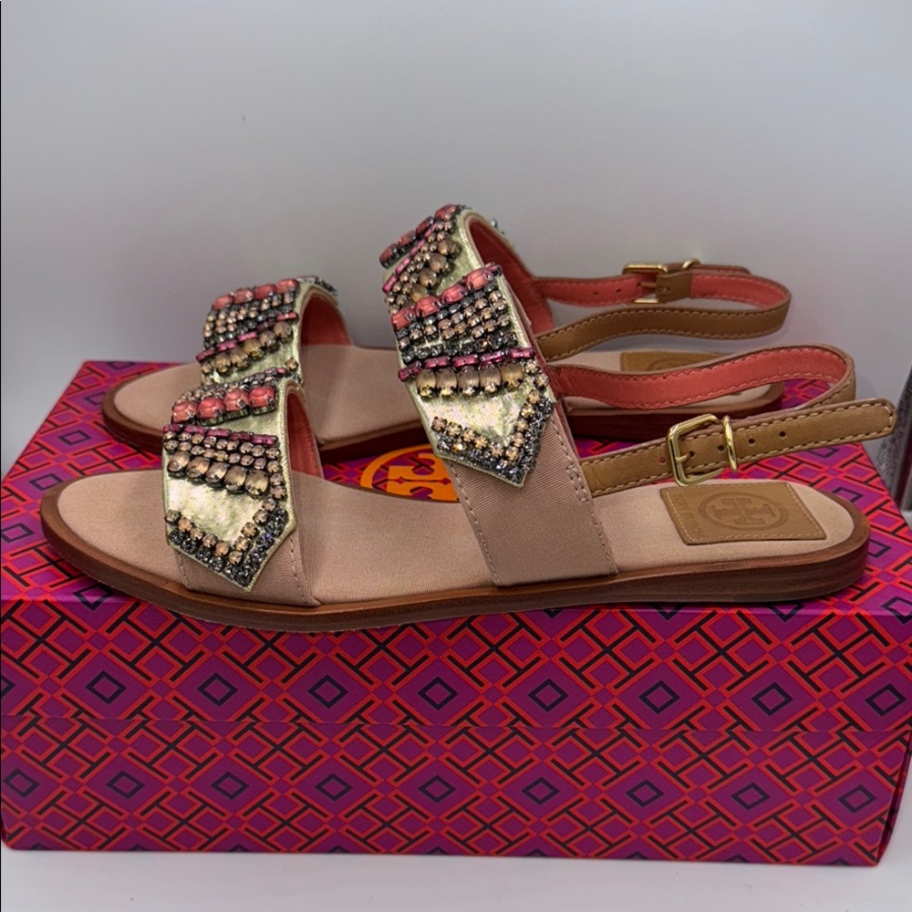 Tory Burch Gold Jeweled Strappy Sandals - Picture 5 of 16